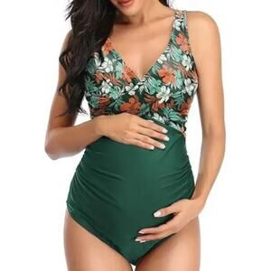 Summer Sunshine Green Floral Maternity One Piece Swimsuit Cross Front XL NEW